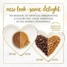 Cat food packaging badge: no artificial preservatives or colors, before/after