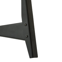 Black metal tabletop TV stand foot with securing bolts at leg connection