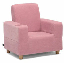 Upholstered kids armchair, pink fabric, rounded arms and back, wooden legs.