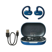 Blue wireless open-ear earphones with charging case open and USB charging cables