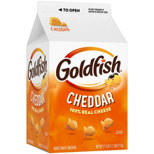 Goldfish cheddar baked snack crackers carton, angled front with logo