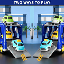 Blue truck carrier toy with cars on two ramps, including light blue taxi and green van