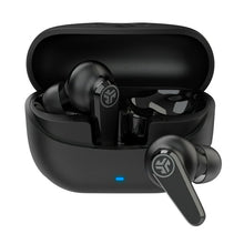 Black charging case open with one true wireless earbud extended and blue status light