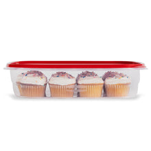 Large rectangular plastic food storage container with red lid, holding cupcakes
