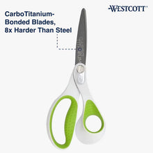 Office scissors with white handles and green finger loops, one straight blade visible