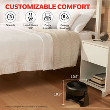 Black table fan with adjustable 90-degree pivot head and compact footprint