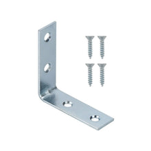 Zinc-plated steel corner brace L bracket with two mounting screws.