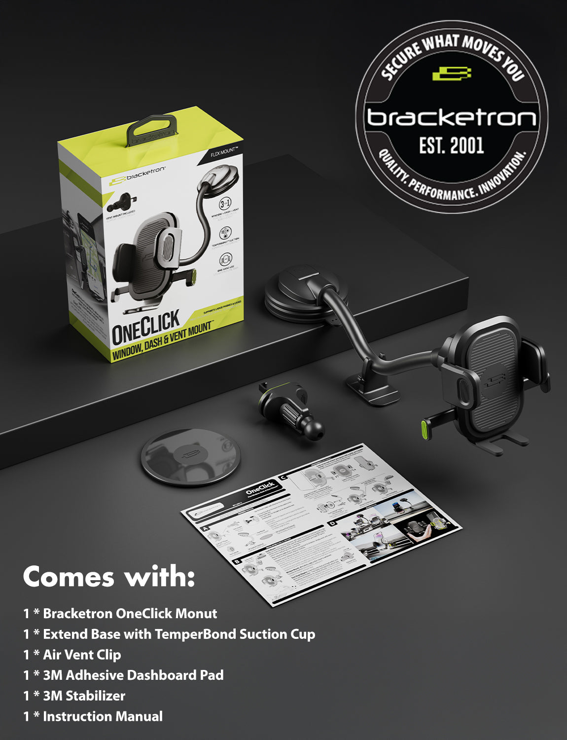 Bracketron OneClick 3-in-1 Car Phone Mount for Dashboard, Windshield & Vent with 7” Flexible Gooseneck, One-Handed Click Grip, 360° Rotation, TemperBond Suction
