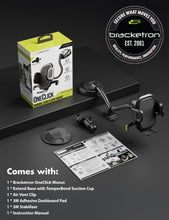 Bracketron OneClick car phone mount kit with vent and suction pieces and manual