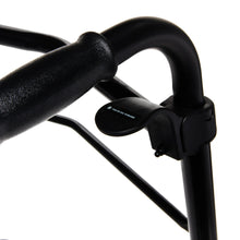 Black padded walker handle with folding latch and side frame bar