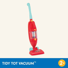 Red and teal handheld toy vacuum with clear dust chamber and floor brush base