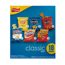 Snack chip variety pack front with Lay's, Doritos, Cheetos, Ruffles, Fritos bags and 18 bags