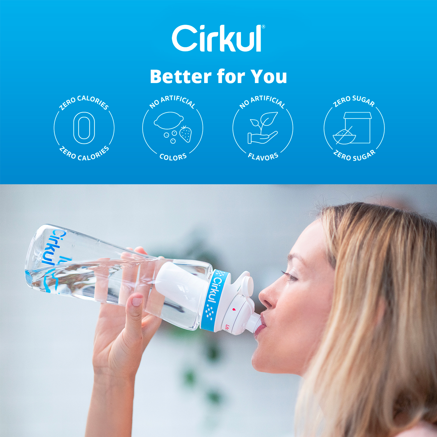Cirkul 22 oz Plastic Water Bottle Starter Kit with Blue Lid and 2 Flavor Cartridges (Fruit Punch & Mixed Berry)