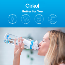 Cirkul plastic water bottle with blue cartridge panel, drinking-ready for on-the-go