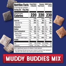 Chex Mix Muddy Buddies Snack Mix nutrition facts panel with snack pieces and flavor columns.