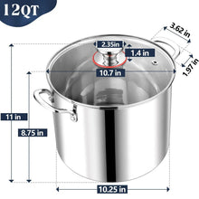 Stainless steel stock pot with glass lid, dimension labels on diagram
