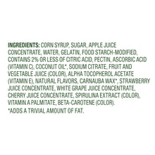 Ingredients list for fruit flavored snacks, including corn syrup and gelatin