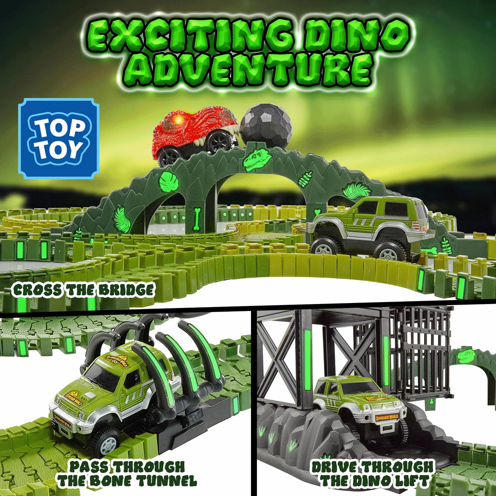 USA Toyz Dinosaur Dash Track 6 Dinosaurs LED Dino Car STEM Set Toy 225 Piece Tracks for Kids Ages 3+ - USA MEGA SHOP
