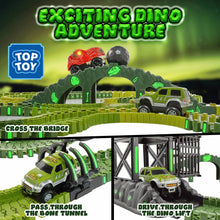 Dinosaur track set with green crane tower, dinosaur figures, and a toy off-road truck