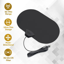 Ultra-thin indoor amplified antenna, oval black housing with attached coaxial cable
