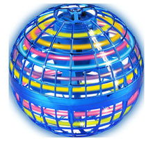 Blue hover ball with open cage and colorful LED light glow around the ring