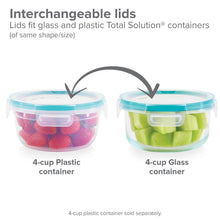 Round storage container with blue lid, clear glass base and matching stackable shape