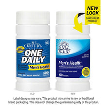 Two Men's Health supplement bottles, white caps, blue-and-white labels, 100 tablets.