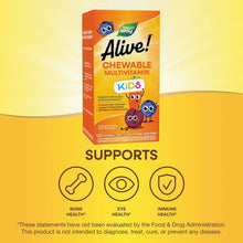 Kids chewable multivitamin box with bone, eye, and immune health icons.