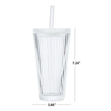 Clear ribbed glass tumbler with glass lid and straw
