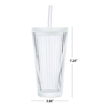 Ribbed clear glass tumbler with glass lid and straw; includes size markings.