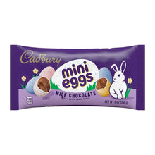 Cadbury mini eggs milk chocolate candy bag, front view with rabbit and egg graphics