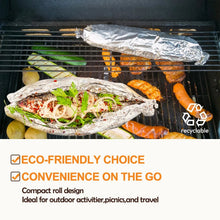 Aluminum foil-wrapped fish and vegetables on a grill grate for cooking