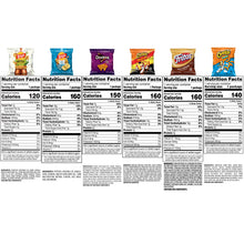 Snack variety pack nutrition facts panels on multiple chip bags