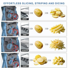 Blue mandoline slicer with slicing, stripping, julienne, and dicing settings