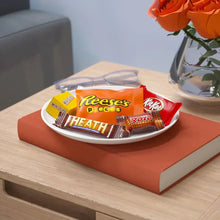 Snack-size candy packs on plate with Heath, Reese’s, Kit Kat, and Rolo