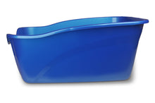 Blue high-sided cat litter pan with short front edge and curved sides