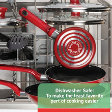 Red nonstick skillet in dishwasher rack with black interior