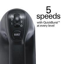 Black hand mixer speed control panel with 5 speed settings and burst button