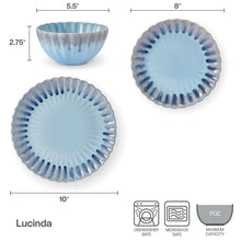 Blue stoneware dinnerware pieces shown in a size layout