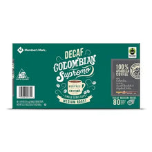 Member'S Mark decaf Colombian coffee pods box, medium roast, single-serve
