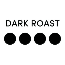 Dark roast label with four black dots beneath