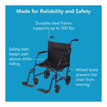 Blue transport wheelchair with black padded seat and back, safety belt, and wheel locks