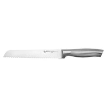 Stainless steel chef knife with textured gray handle and straight edge blade