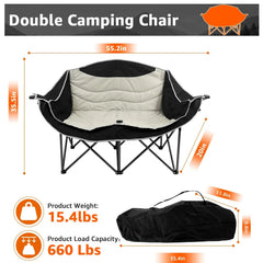 Jacgood Double Camping Chair for Couples, Comfortable Folding Loveseat with 2 Cup Holders & Armrests, Heavy-Duty 660lb Capacity for Camping