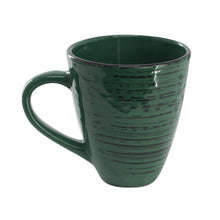 Dark green ceramic mug with handle and embossed band design
