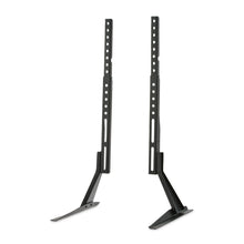 Tabletop TV stand with black metal legs and two height-adjustable mounting rails