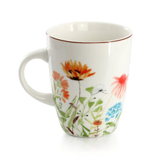 White ceramic mug with multicolor wildflower bouquet and thin dark rim