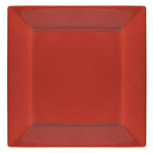 Red square stoneware dinner plate with faceted rim and glossy finish
