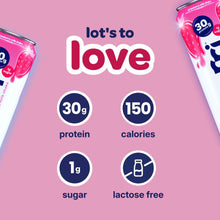 Ultra-filtered strawberry milkshake can showing 30g protein, 150 calories, lactose free