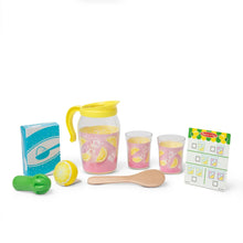 Lemonade pretend play set pieces: yellow pitcher, pink cups, blue carton, green scoop, lemon slice